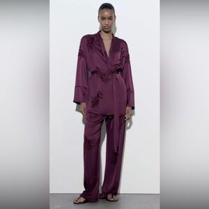 ZARA OPEN TIED BELT BEADED EMBROIDERED KIMONO PURPLE  SET